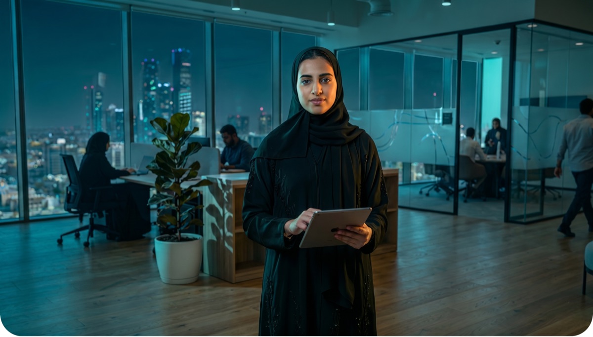 موظفة سعودية تحمل جهازاً لوحياً في مكتب
