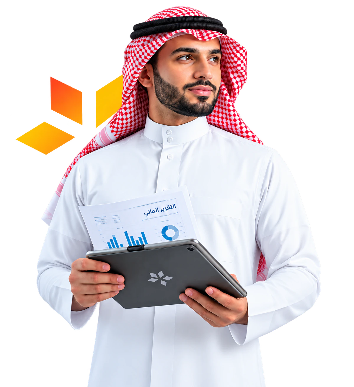 مستثمر يحمل جهازًا لوحيًا وتقريرًا ماليًا