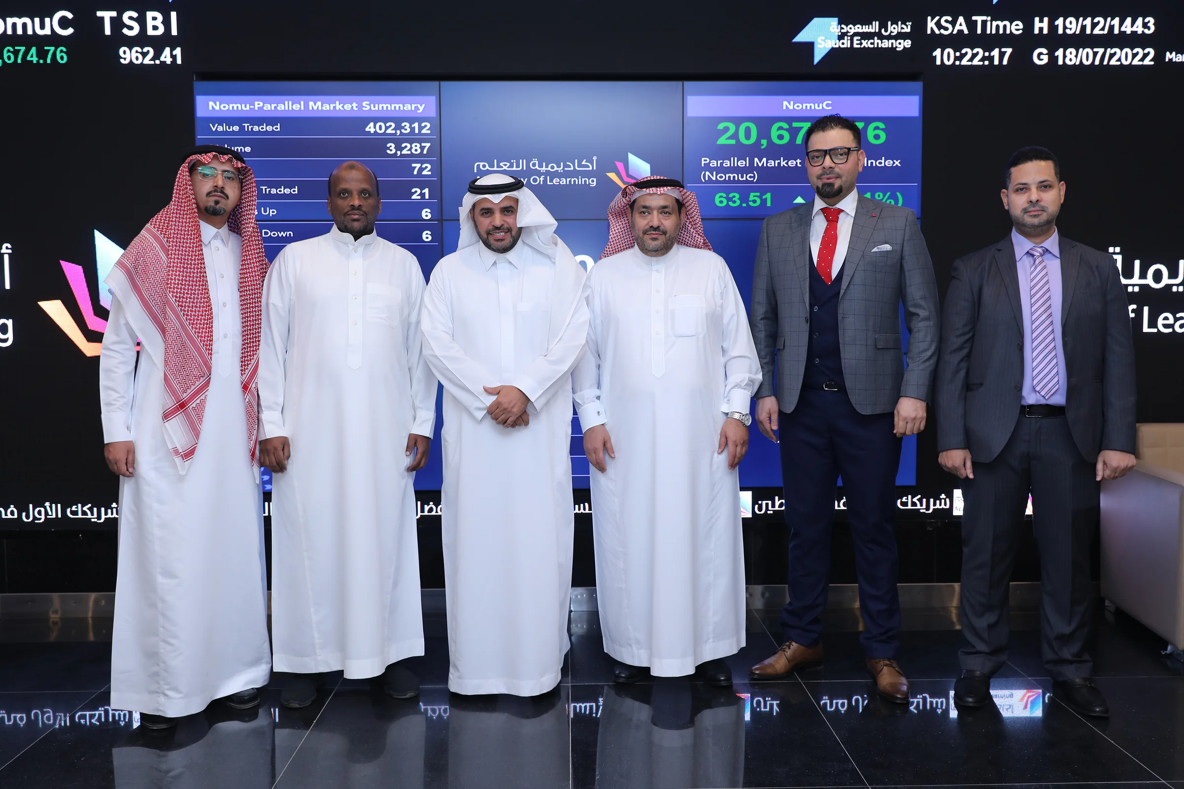 أعضاء أكاديمية التعلّم خلال جرس افتتاح التداول في السوق المالية السعودية (تداول)