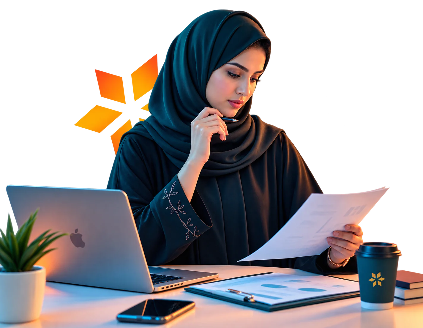 طالبة تراجع أعمالها الأكاديمية في مكتبها